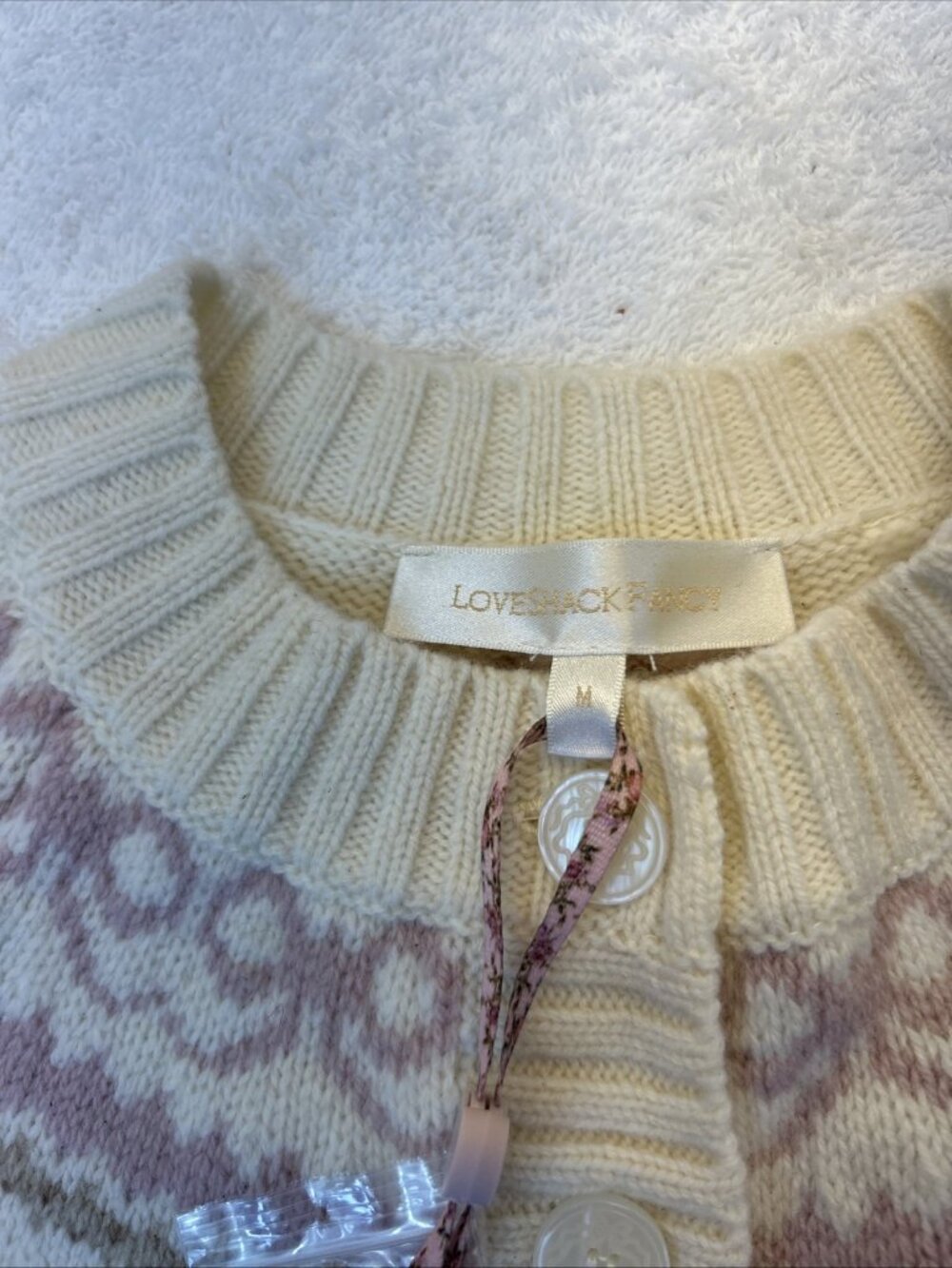 LoveShackFancy Girls Cream/Rose Cardigan Sweater 100% Wool Size M New w/Tags - Picture 4 of 11